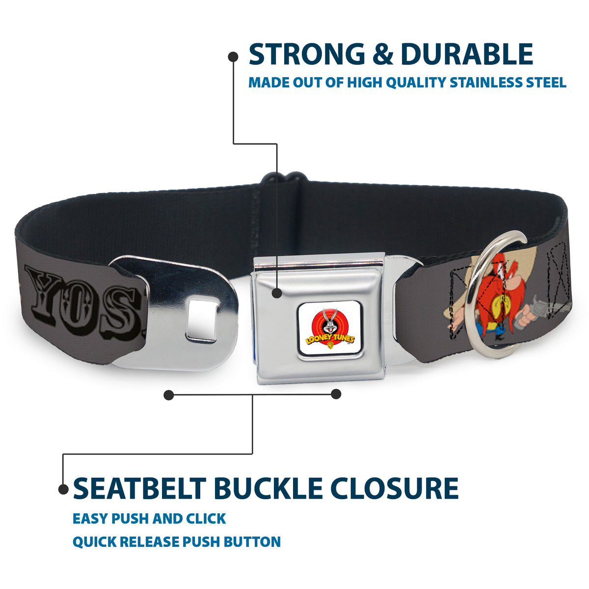 Looney Tunes Logo Full Color White Seatbelt Buckle Collar - YOSEMITE SAM w/Poses Gray Dog Collars Seatbelt Buckle Looney Tunes