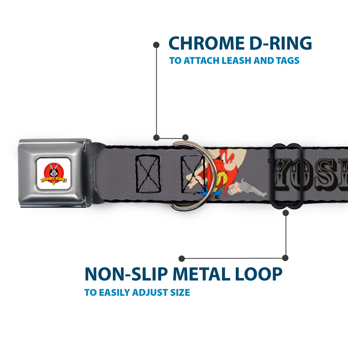Looney Tunes Logo Full Color White Seatbelt Buckle Collar - YOSEMITE SAM w/Poses Gray Dog Collars Seatbelt Buckle Looney Tunes