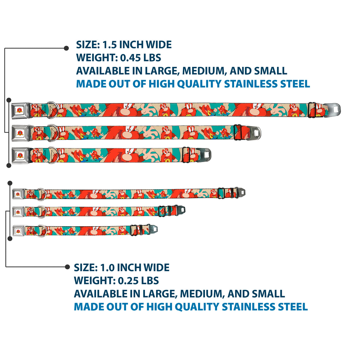 Looney Tunes Logo Full Color White Seatbelt Buckle Collar - Yosemite Sam Poses Turquoise Dog Collars Seatbelt Buckle Looney Tunes