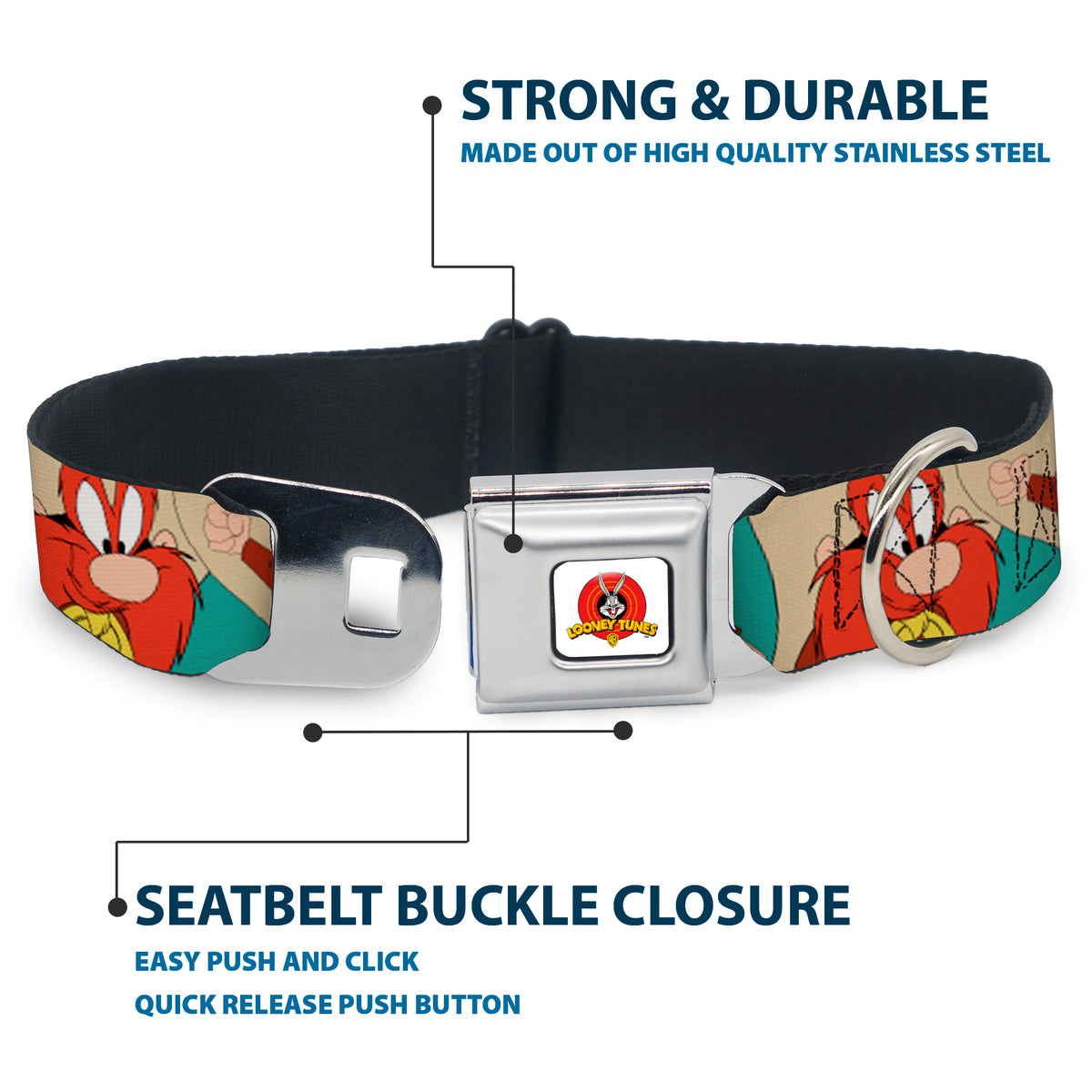 Looney Tunes Logo Full Color White Seatbelt Buckle Collar - Yosemite Sam Poses Turquoise Dog Collars Seatbelt Buckle Looney Tunes