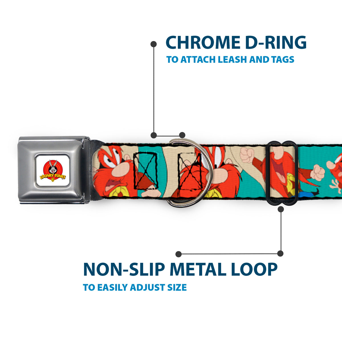 Looney Tunes Logo Full Color White Seatbelt Buckle Collar - Yosemite Sam Poses Turquoise Dog Collars Seatbelt Buckle Looney Tunes