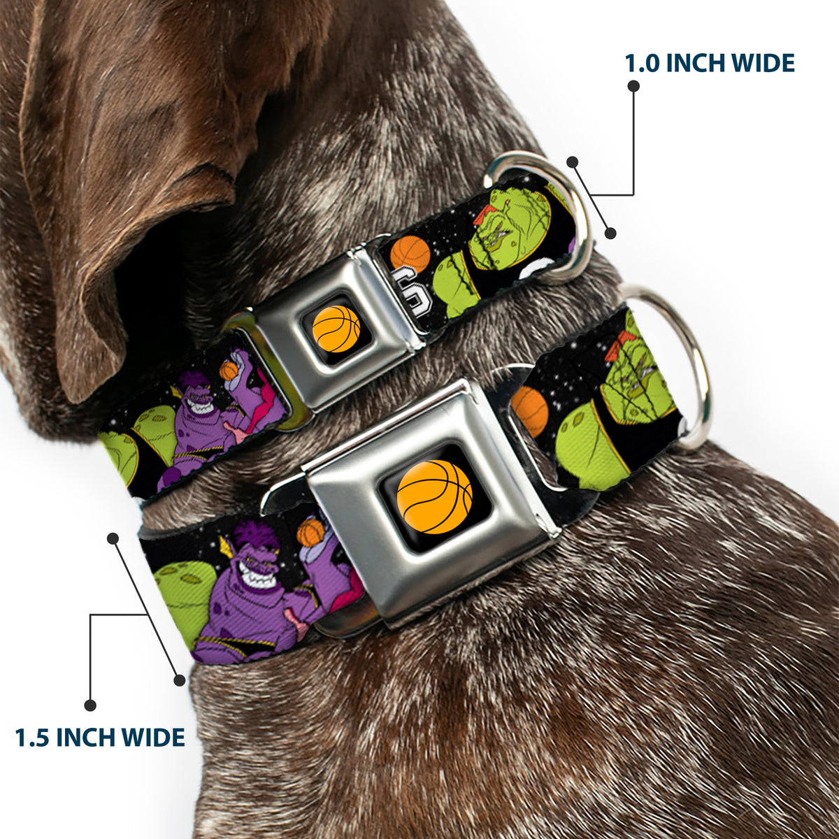 Looney Tunes Basketball Full Color Black Seatbelt Buckle Collar - Space Jam MONSTARS 5-Player Group Pose/Basketballs Galaxy Black/White Dog Collars Seatbelt Buckle Looney Tunes