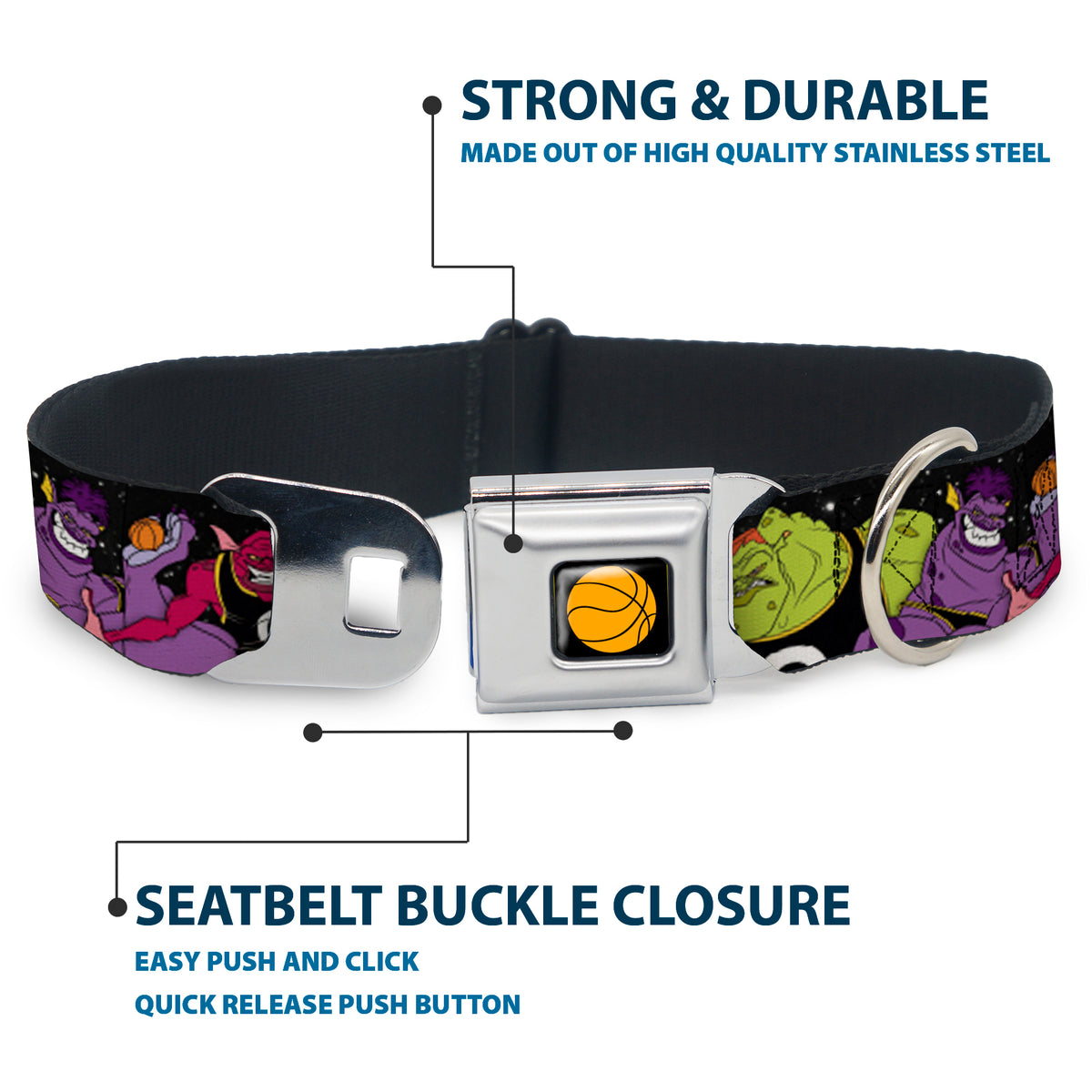 Looney Tunes Basketball Full Color Black Seatbelt Buckle Collar - Space Jam MONSTARS 5-Player Group Pose/Basketballs Galaxy Black/White Dog Collars Seatbelt Buckle Looney Tunes