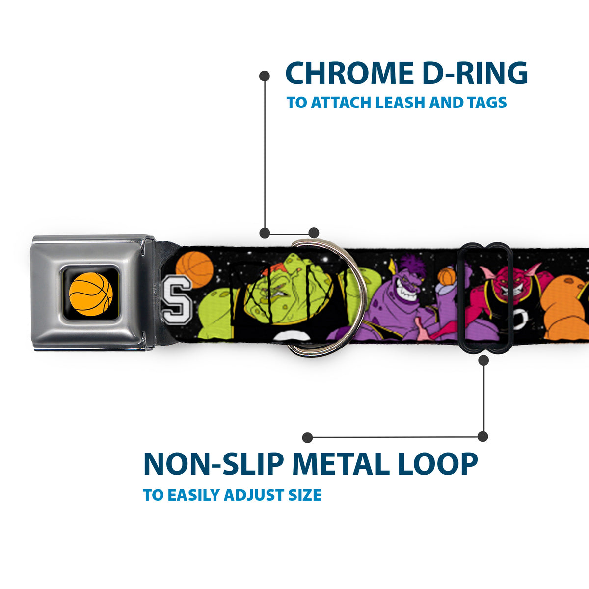 Looney Tunes Basketball Full Color Black Seatbelt Buckle Collar - Space Jam MONSTARS 5-Player Group Pose/Basketballs Galaxy Black/White Dog Collars Seatbelt Buckle Looney Tunes