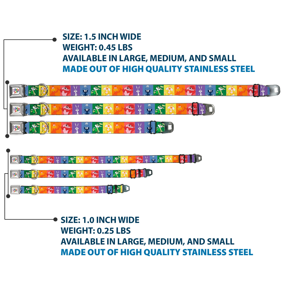 Looney Tunes THAT'S ALL FOLKS Script Full Color White/Multi Color Seatbelt Buckle Collar - Looney Tunes 6-Character Pose Pride Blocks Multi Color Dog Collars Seatbelt Buckle Looney Tunes