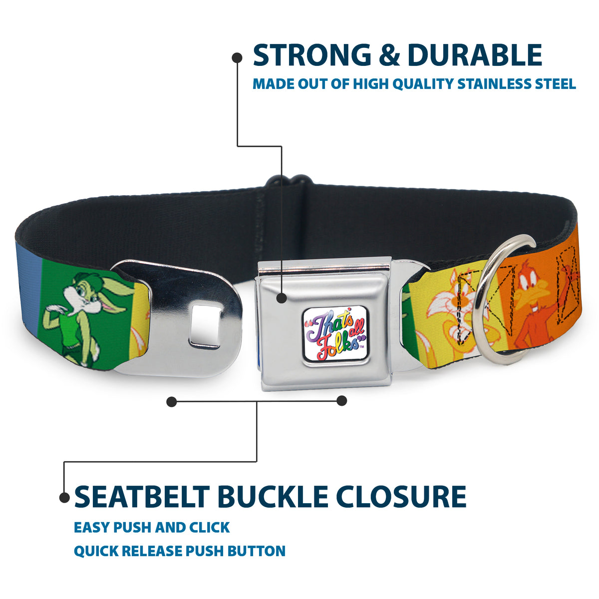 Looney Tunes THAT'S ALL FOLKS Script Full Color White/Multi Color Seatbelt Buckle Collar - Looney Tunes 6-Character Pose Pride Blocks Multi Color Dog Collars Seatbelt Buckle Looney Tunes