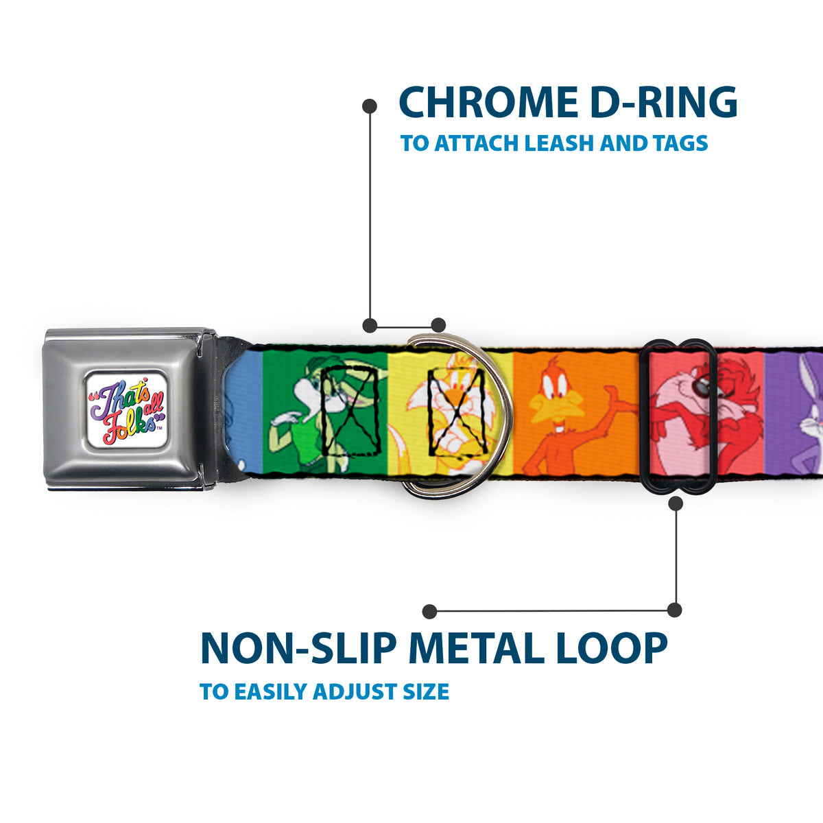 Looney Tunes THAT'S ALL FOLKS Script Full Color White/Multi Color Seatbelt Buckle Collar - Looney Tunes 6-Character Pose Pride Blocks Multi Color Dog Collars Seatbelt Buckle Looney Tunes