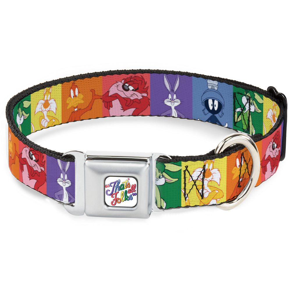 Looney Tunes THAT'S ALL FOLKS Script Full Color White/Multi Color Seatbelt Buckle Collar - Looney Tunes 6-Character Pose Pride Blocks Multi Color Dog Collars Seatbelt Buckle Looney Tunes