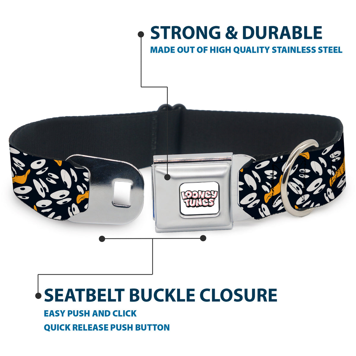 LOONEY TUNES Text Title Logo Full Color White Seatbelt Buckle Collar - Daffy Duck Expression and Eyes Scattered Black/White Dog Collars Seatbelt Buckle Looney Tunes