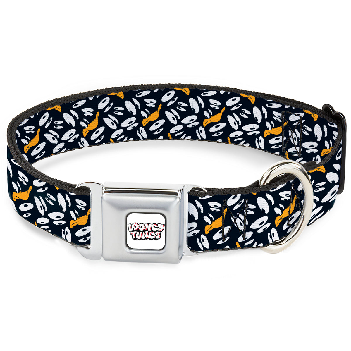 LOONEY TUNES Text Title Logo Full Color White Seatbelt Buckle Collar - Daffy Duck Expression and Eyes Scattered Black/White Dog Collars Seatbelt Buckle Looney Tunes
