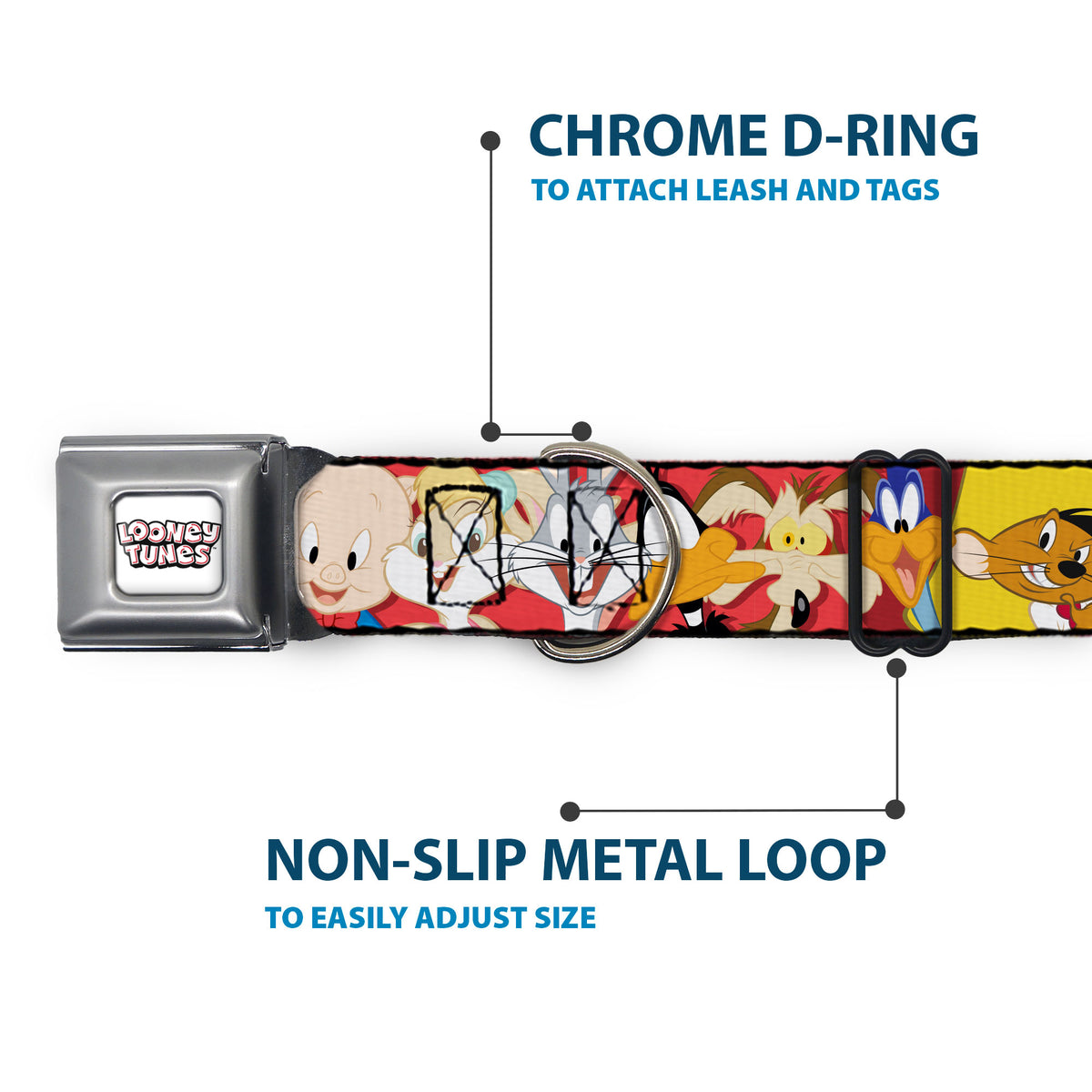 LOONEY TUNES Text Title Logo Full Color White Seatbelt Buckle Collar - Looney Tunes Twelve Character Expressions Red Dog Collars Seatbelt Buckle Looney Tunes