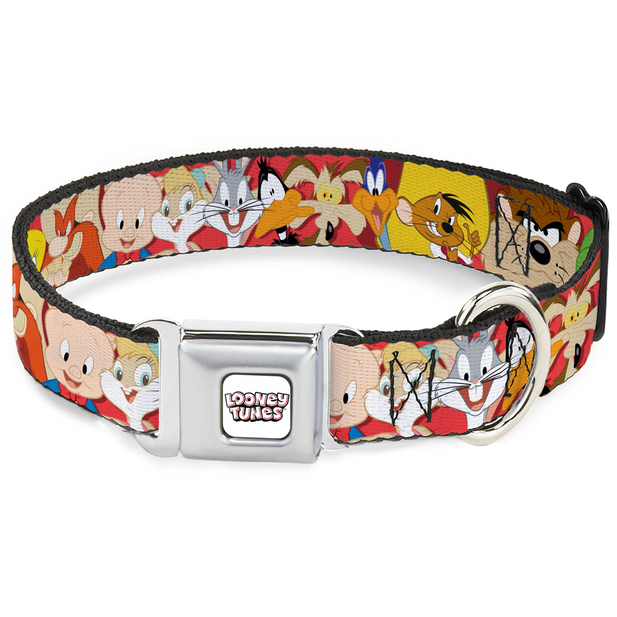 LOONEY TUNES Text Title Logo Full Color White Seatbelt Buckle Collar - Looney Tunes Twelve Character Expressions Red Dog Collars Seatbelt Buckle Looney Tunes