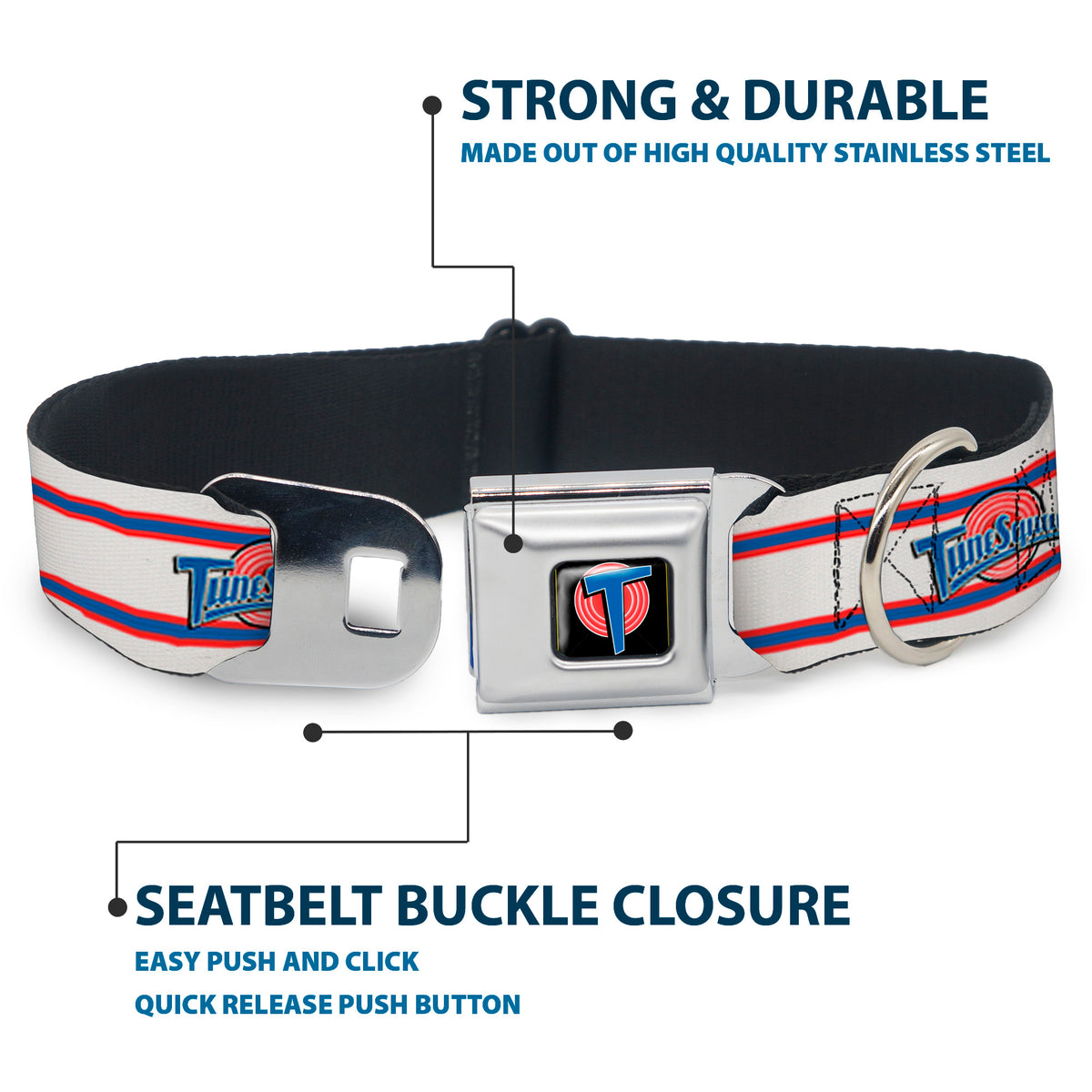 Space Jam Tune Squad Icon Full Color Black/Red/Blue Seatbelt Buckle Collar - Space Jam TUNE SQUAD Logo Stripe White/Red/Blue Dog Collars Seatbelt Buckle Looney Tunes