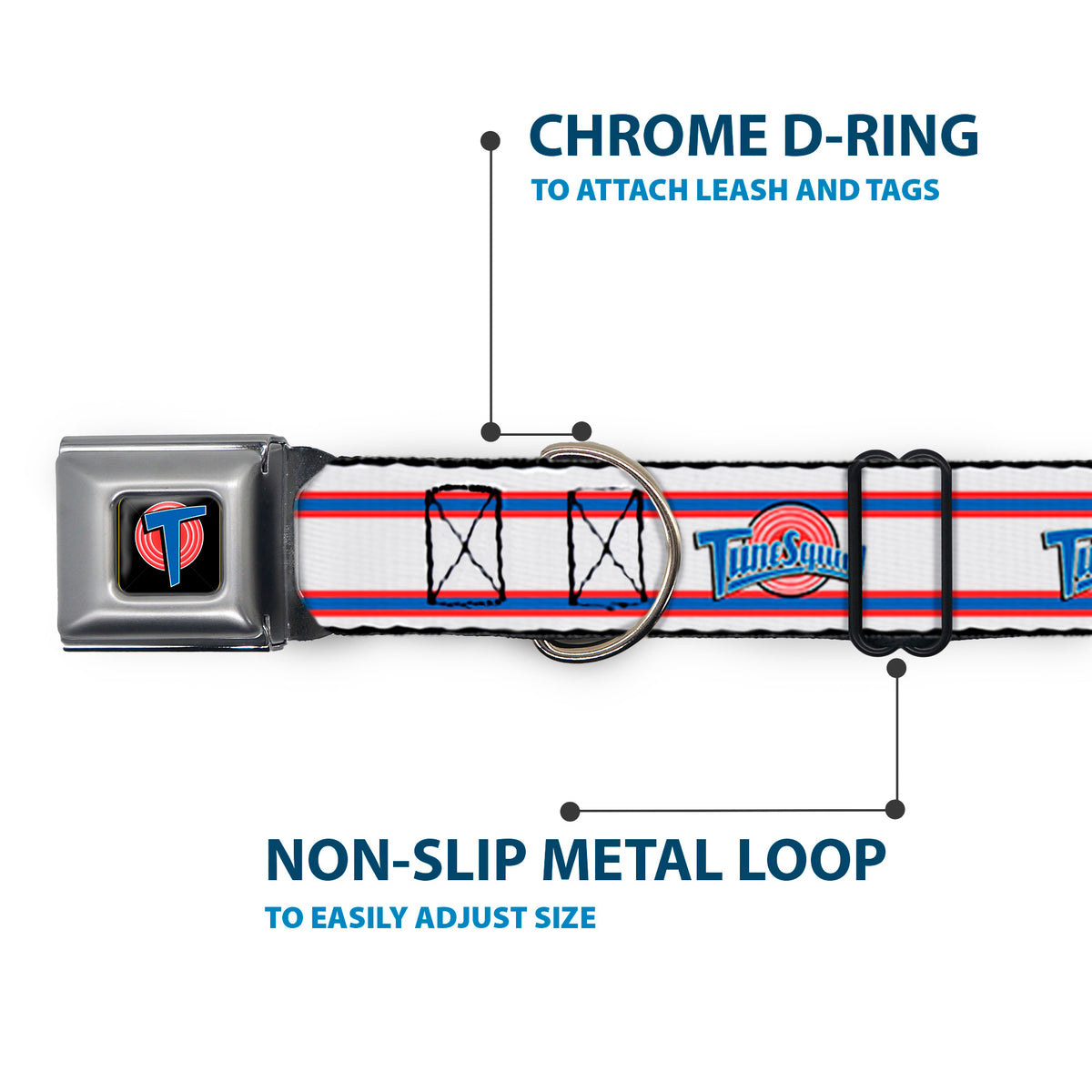 Space Jam Tune Squad Icon Full Color Black/Red/Blue Seatbelt Buckle Collar - Space Jam TUNE SQUAD Logo Stripe White/Red/Blue Dog Collars Seatbelt Buckle Looney Tunes