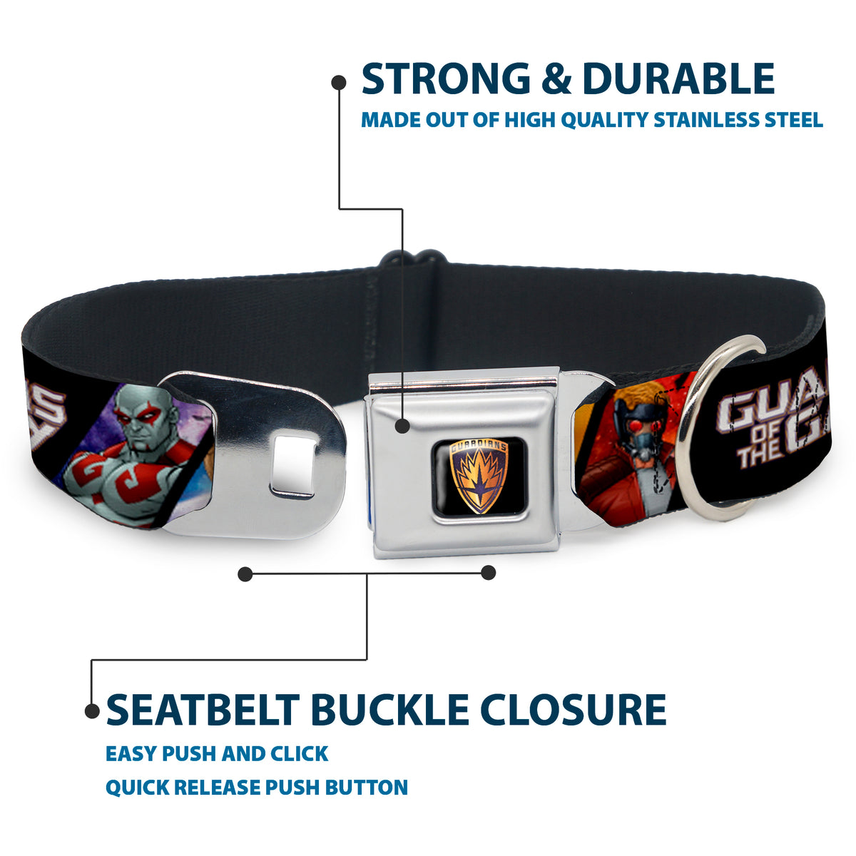 GUARDIANS OF THE GALAXY - EVERGREEN GUARDIANS Badge Full Color Black Gold Purple Seatbelt Buckle Collar - GUARDIANS OF THE GALAXY 5-Character Pose Blocks Dog Collars Seatbelt Buckle Marvel Comics