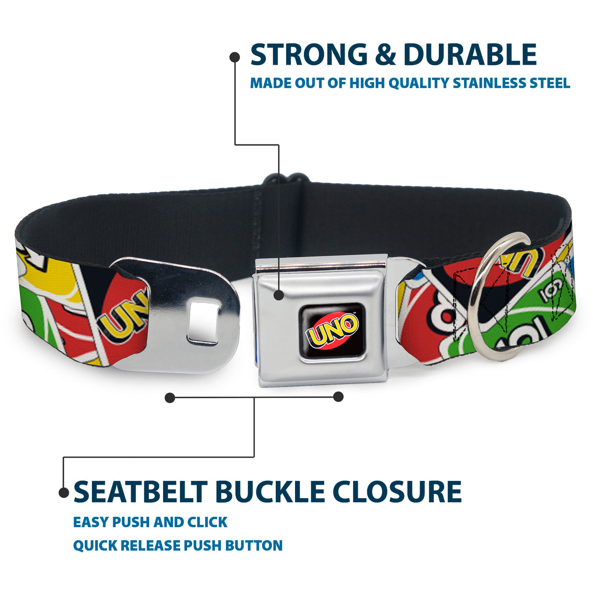 UNO Game Logo Full Color Black/Red/Yellow Seatbelt Buckle Collar - UNO Cards Stacked Collage Multi Color Dog Collars Seatbelt Buckle UNO