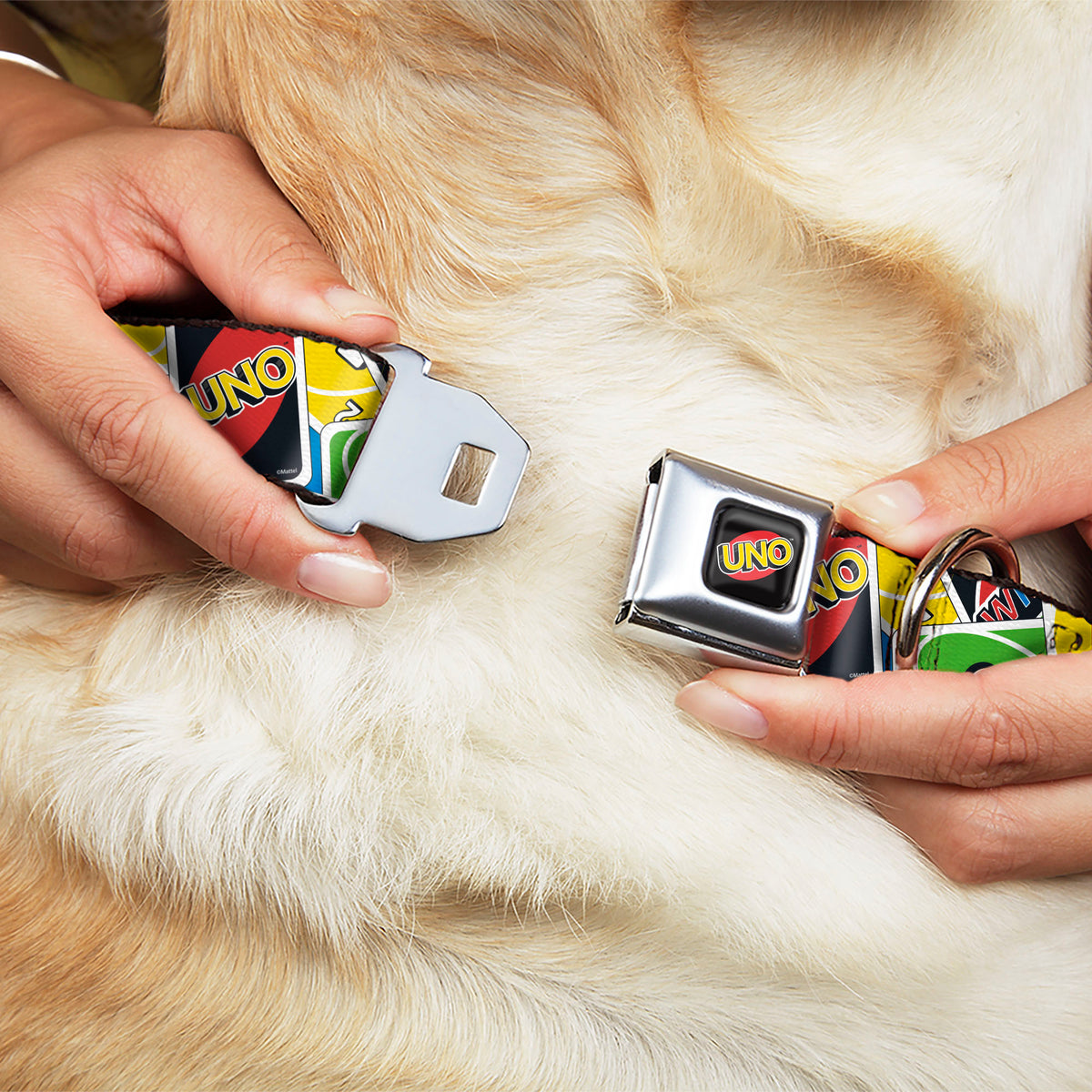 UNO Game Logo Full Color Black/Red/Yellow Seatbelt Buckle Collar - UNO Cards Stacked Collage Multi Color Dog Collars Seatbelt Buckle UNO
