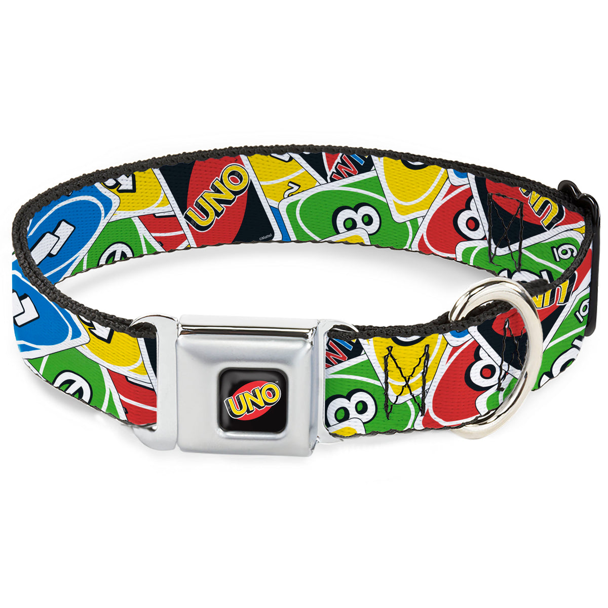 UNO Game Logo Full Color Black/Red/Yellow Seatbelt Buckle Collar - UNO Cards Stacked Collage Multi Color Dog Collars Seatbelt Buckle UNO