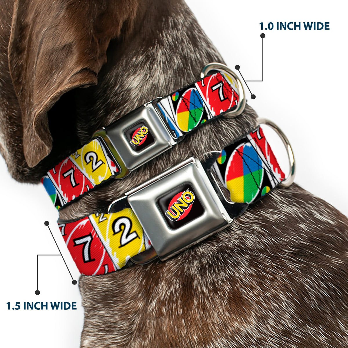 UNO Game Logo Full Color Black/Red/Yellow Seatbelt Buckle Collar - UNO Cards Lineup Stack Multi Color Dog Collars Seatbelt Buckle UNO