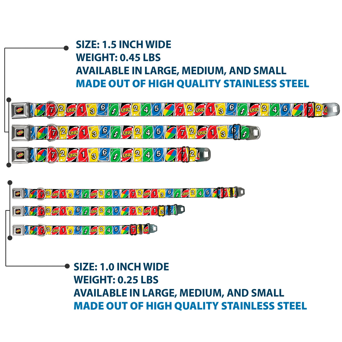 UNO Game Logo Full Color Black/Red/Yellow Seatbelt Buckle Collar - UNO Cards Lineup Stack Multi Color Dog Collars Seatbelt Buckle UNO
