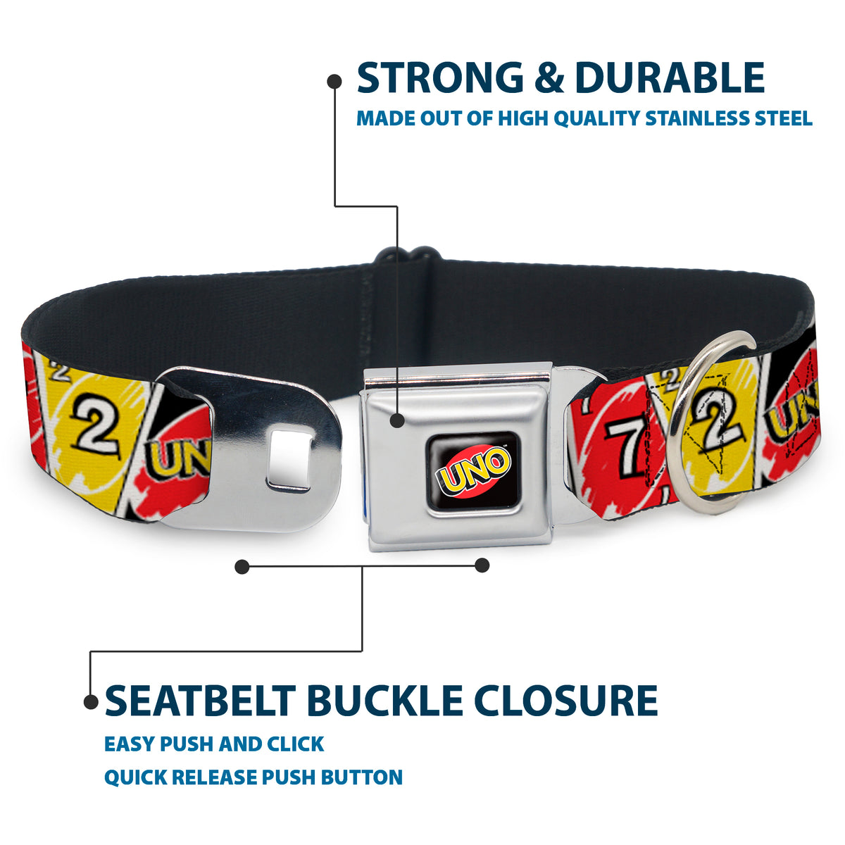 UNO Game Logo Full Color Black/Red/Yellow Seatbelt Buckle Collar - UNO Cards Lineup Stack Multi Color Dog Collars Seatbelt Buckle UNO