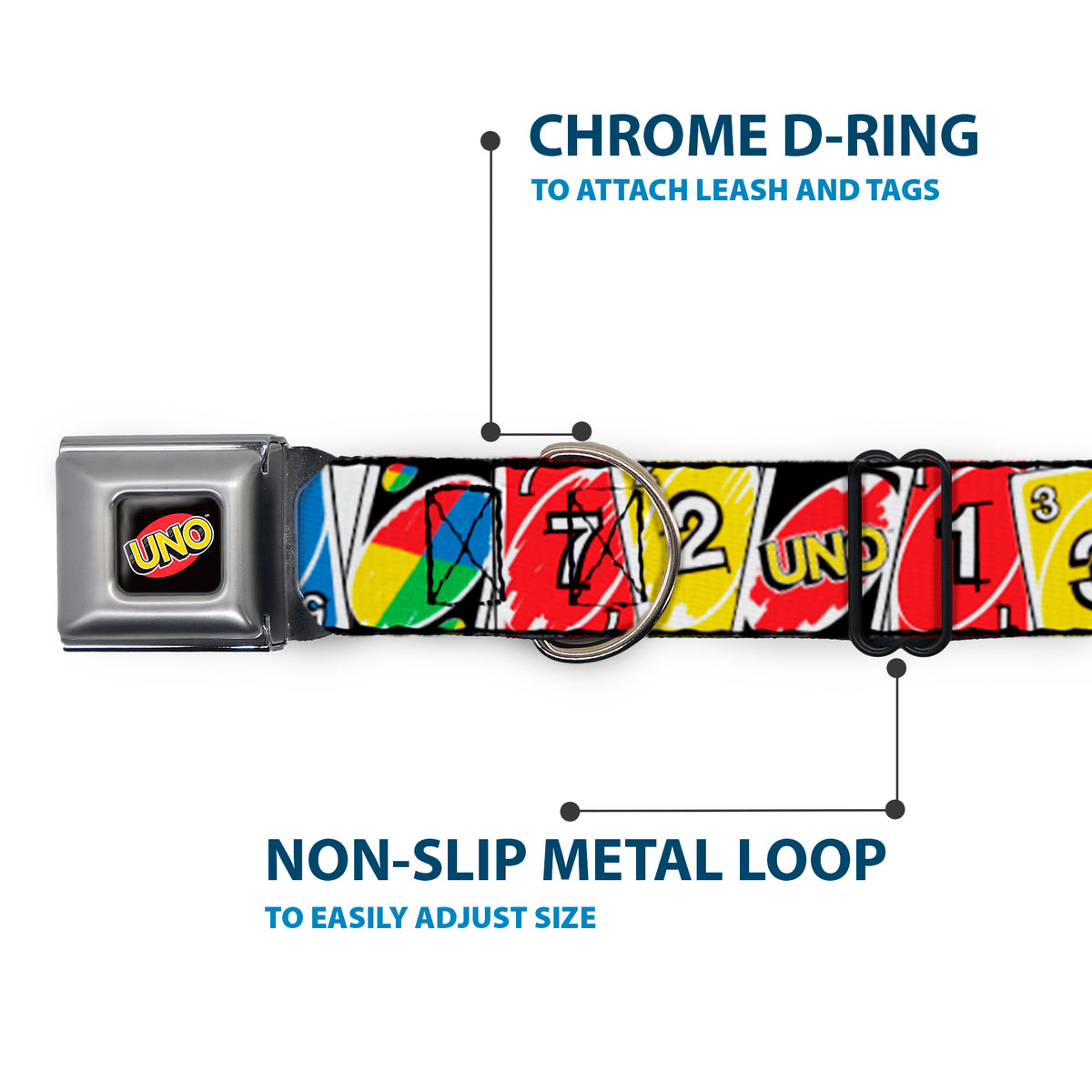 UNO Game Logo Full Color Black/Red/Yellow Seatbelt Buckle Collar - UNO Cards Lineup Stack Multi Color Dog Collars Seatbelt Buckle UNO