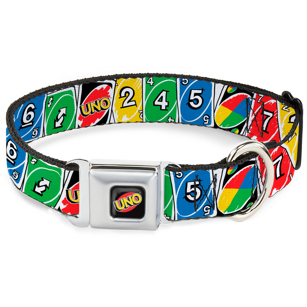 UNO Game Logo Full Color Black/Red/Yellow Seatbelt Buckle Collar - UNO Cards Lineup Stack Multi Color Dog Collars Seatbelt Buckle UNO