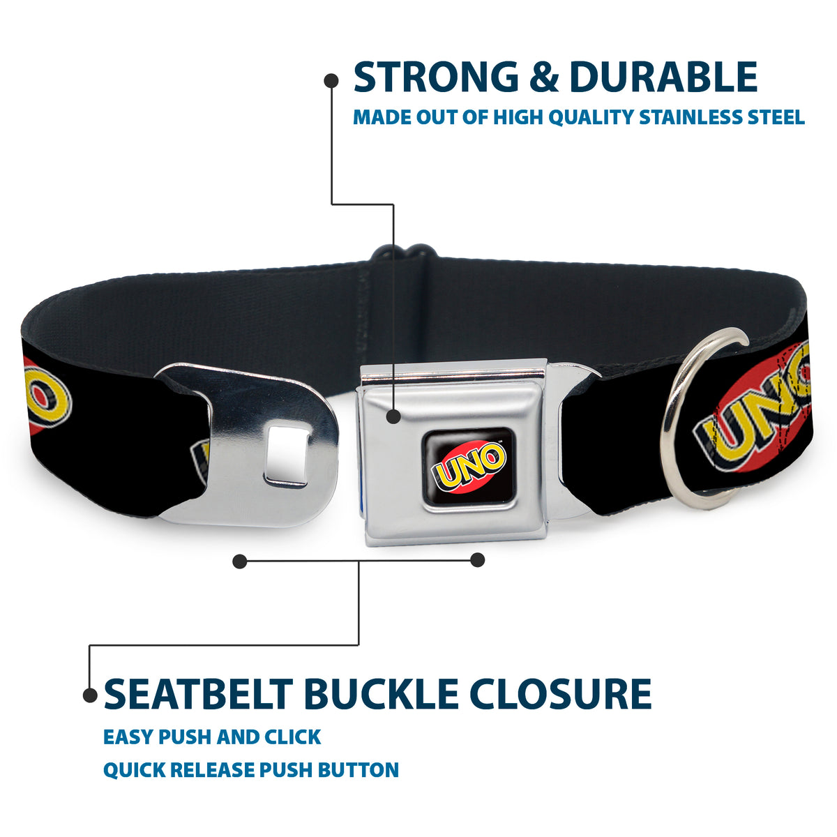 UNO Game Logo Full Color Black/Red/Yellow Seatbelt Buckle Collar - UNO Game Logo Black/Red/Yellow Dog Collars Seatbelt Buckle UNO