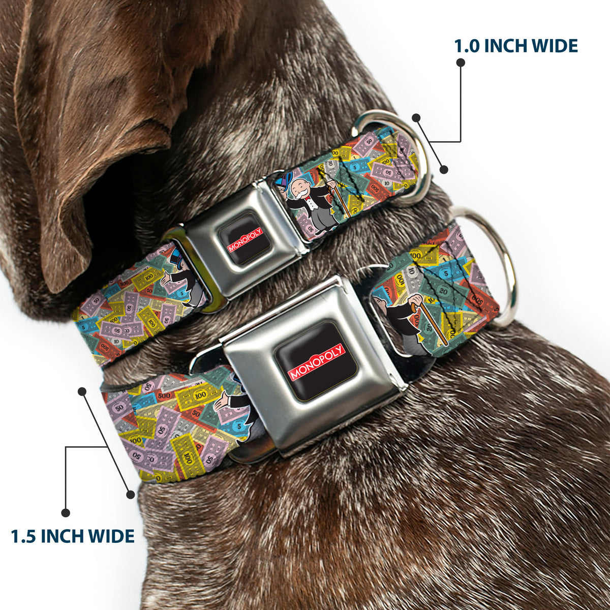 MONOPOLY Logo Full Color Black/Red/White Seatbelt Buckle Collar - Mr. Monopoly MONEY TALKS Poses Multi Color Dog Collars Seatbelt Buckle Monopoly