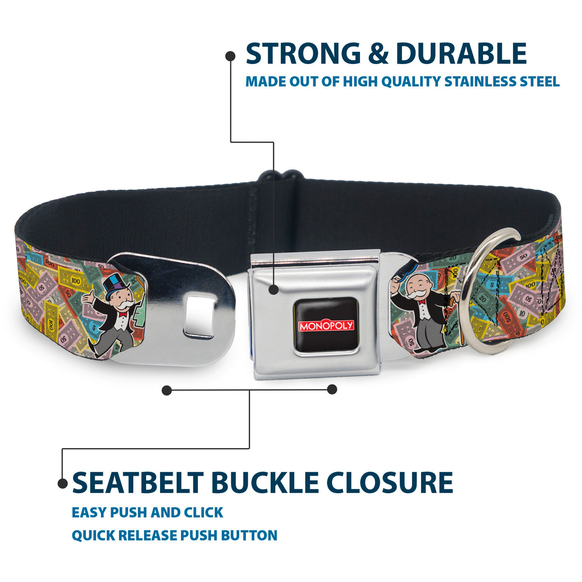 MONOPOLY Logo Full Color Black/Red/White Seatbelt Buckle Collar - Mr. Monopoly MONEY TALKS Poses Multi Color Dog Collars Seatbelt Buckle Monopoly