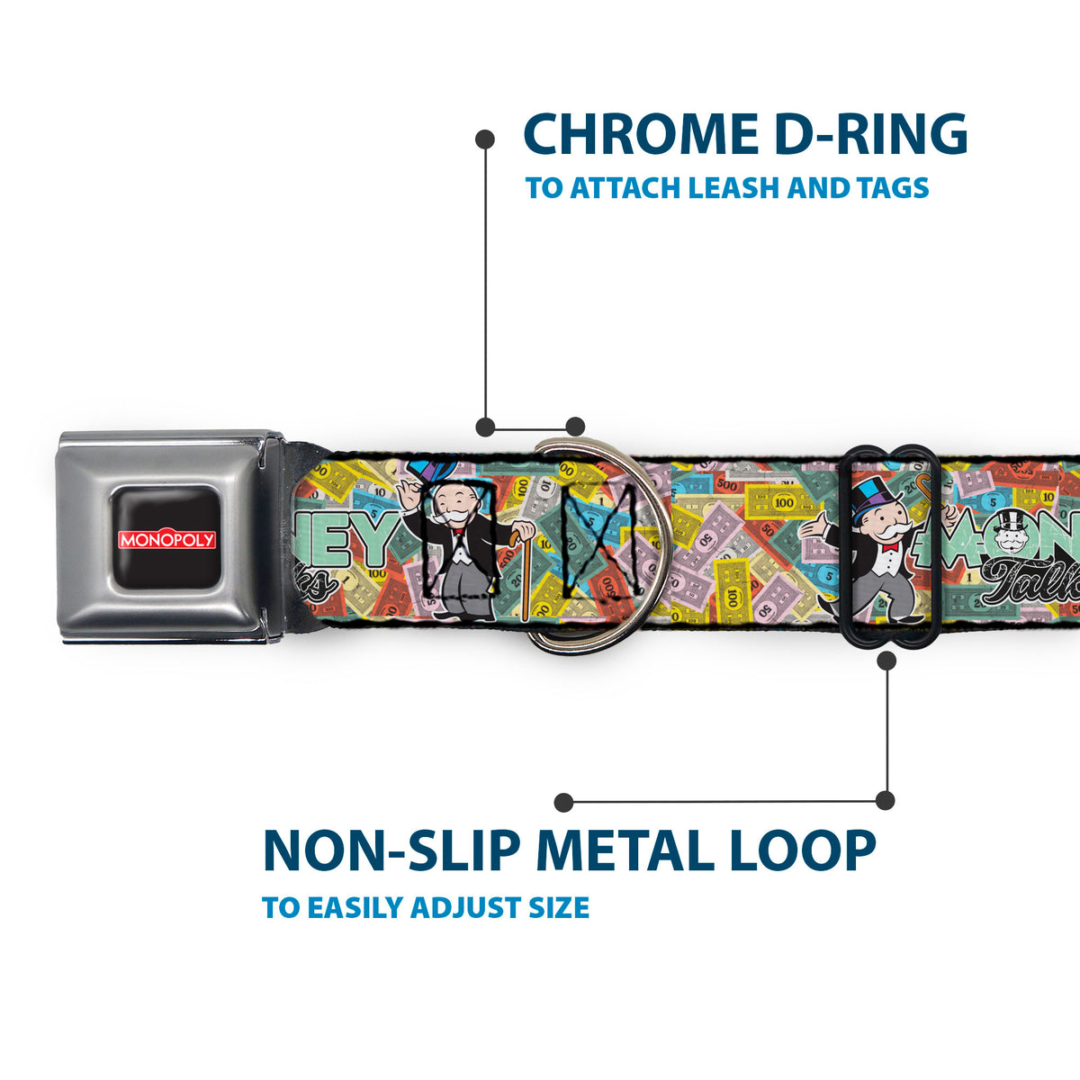 MONOPOLY Logo Full Color Black/Red/White Seatbelt Buckle Collar - Mr. Monopoly MONEY TALKS Poses Multi Color Dog Collars Seatbelt Buckle Monopoly