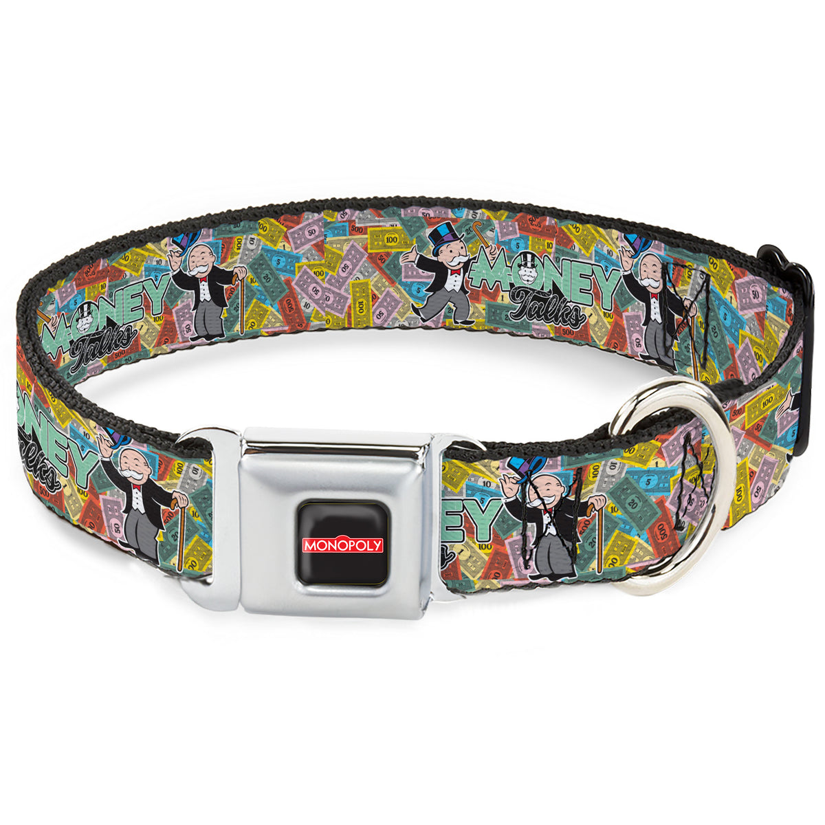 MONOPOLY Logo Full Color Black/Red/White Seatbelt Buckle Collar - Mr. Monopoly MONEY TALKS Poses Multi Color Dog Collars Seatbelt Buckle Monopoly