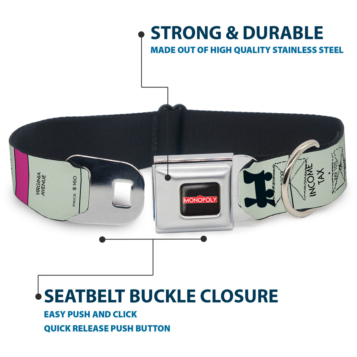 MONOPOLY Logo Full Color Black/Red/White Seatbelt Buckle Collar - Monopoly Game Board Spaces Dog Collars Seatbelt Buckle Monopoly