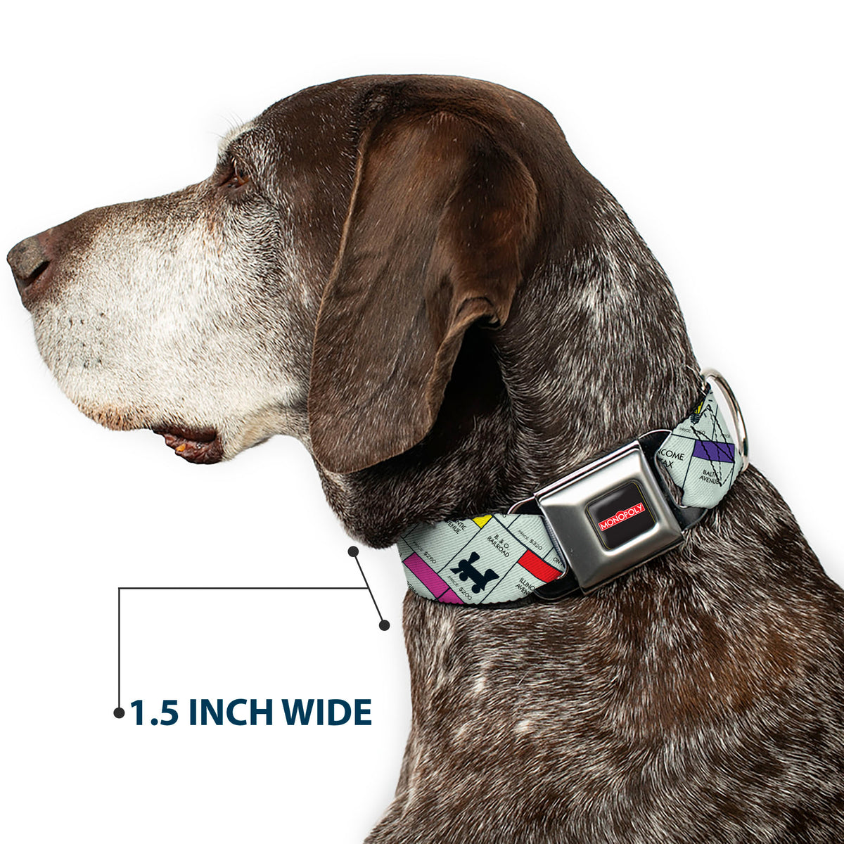 MONOPOLY Logo Full Color Black/Red/White Seatbelt Buckle Collar - Monopoly Game Board Spaces Collage Dog Collars Seatbelt Buckle Monopoly