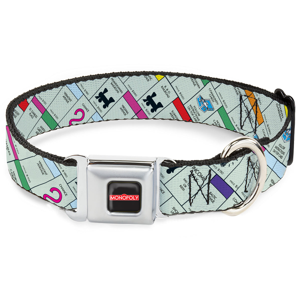 MONOPOLY Logo Full Color Black/Red/White Seatbelt Buckle Collar - Monopoly Game Board Spaces Collage Dog Collars Seatbelt Buckle Monopoly