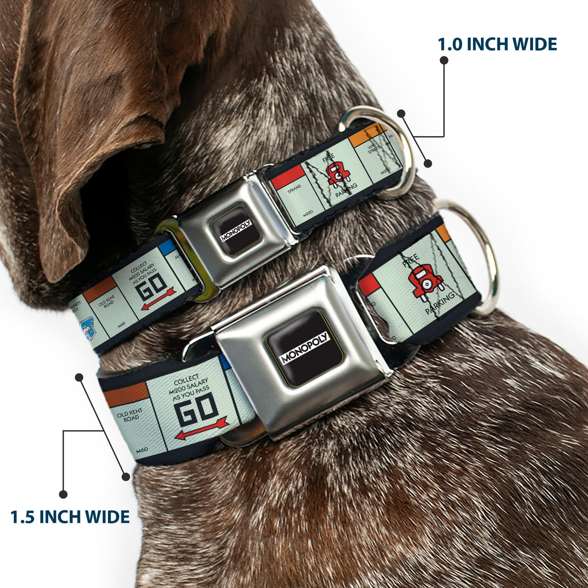 MONOPOLY Logo Full Color Black/White Seatbelt Buckle Collar - Monopoly British UK Game Board Space Blocks Dog Collars Seatbelt Buckle Hasbro