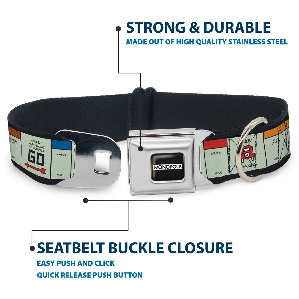 MONOPOLY Logo Full Color Black/White Seatbelt Buckle Collar - Monopoly British UK Game Board Space Blocks Dog Collars Seatbelt Buckle Hasbro