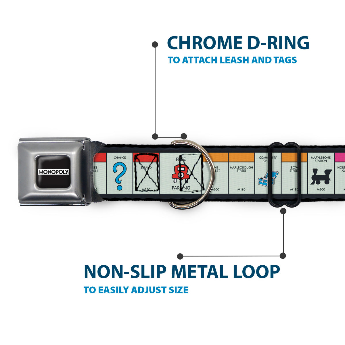 MONOPOLY Logo Full Color Black/White Seatbelt Buckle Collar - Monopoly British UK Game Board Space Blocks Dog Collars Seatbelt Buckle Hasbro