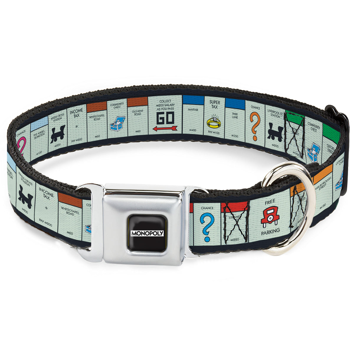 MONOPOLY Logo Full Color Black/White Seatbelt Buckle Collar - Monopoly British UK Game Board Space Blocks Dog Collars Seatbelt Buckle Hasbro