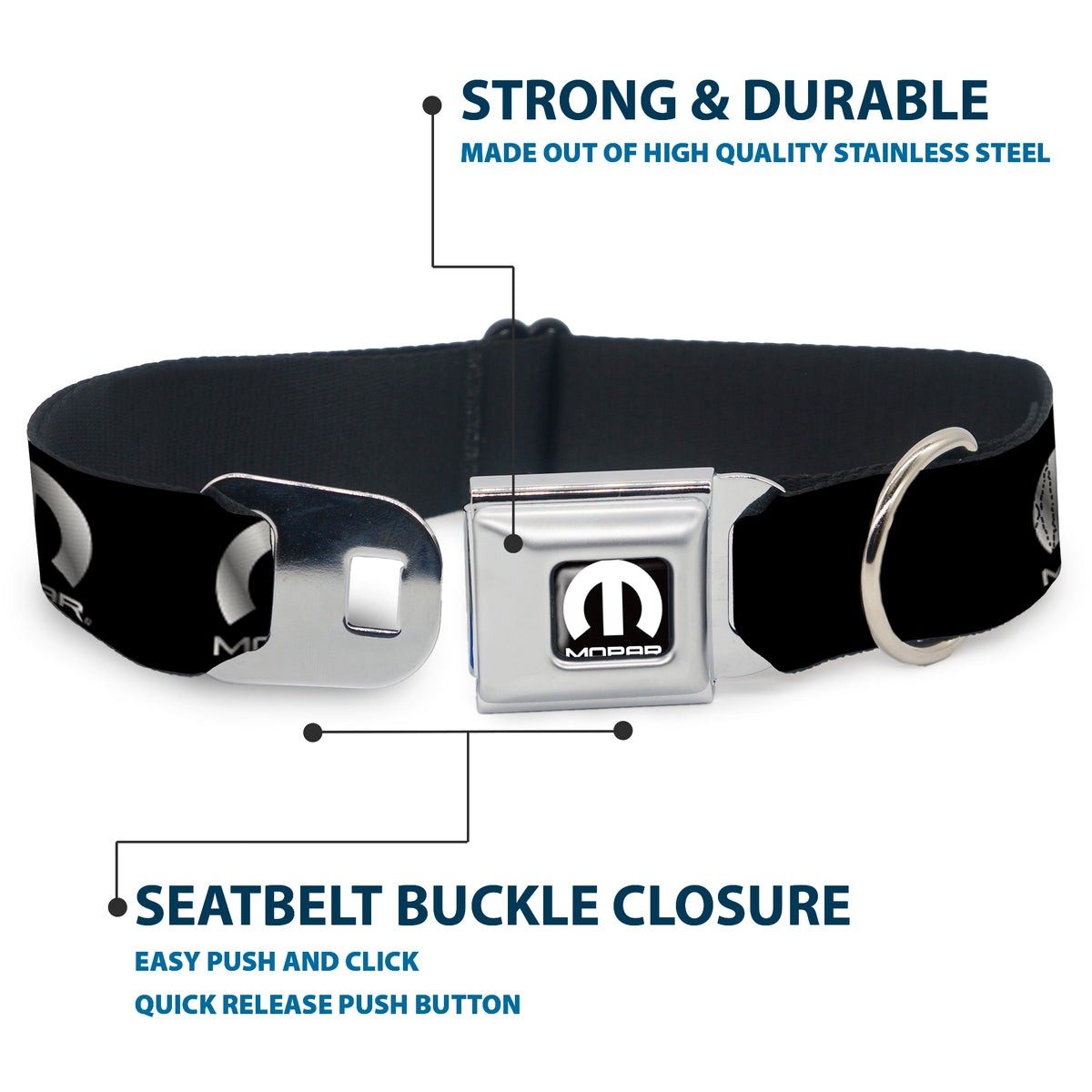 MOPAR Logo Full Color Black/White Seatbelt Buckle Collar - MOPAR Logo Repeat Black/Silver Gradient Dog Collars Seatbelt Buckle Mopar