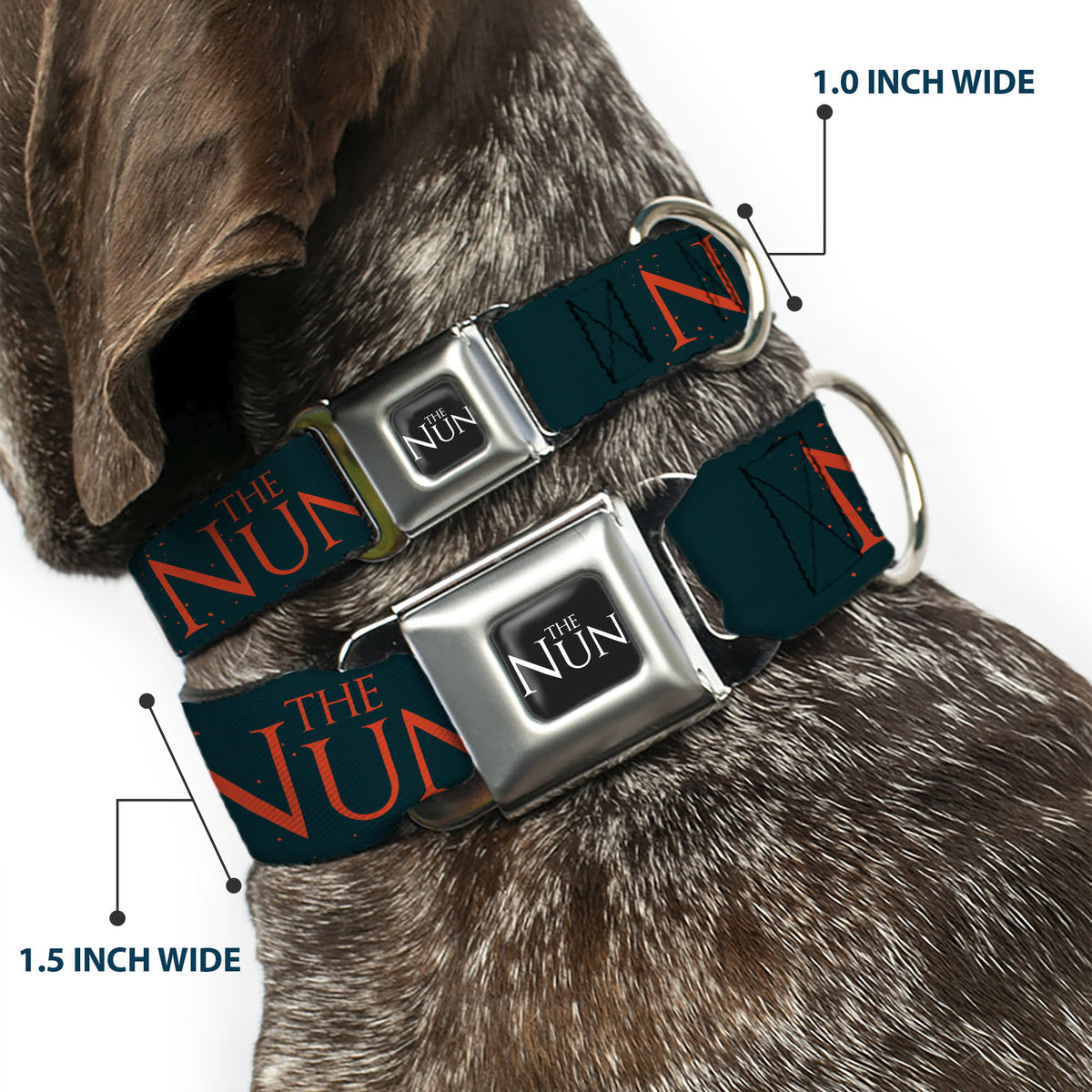 THE NUN Title Logo Full Color Black/White Seatbelt Buckle Collar - THE NUN Demon Nun Valak Pose Blocks and Title Logo Blue/Red/White Dog Collars Seatbelt Buckle The Nun