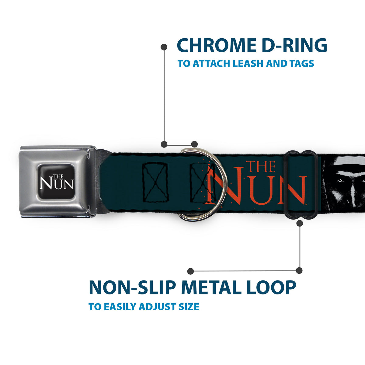 THE NUN Title Logo Full Color Black/White Seatbelt Buckle Collar - THE NUN Demon Nun Valak Pose Blocks and Title Logo Blue/Red/White Dog Collars Seatbelt Buckle The Nun