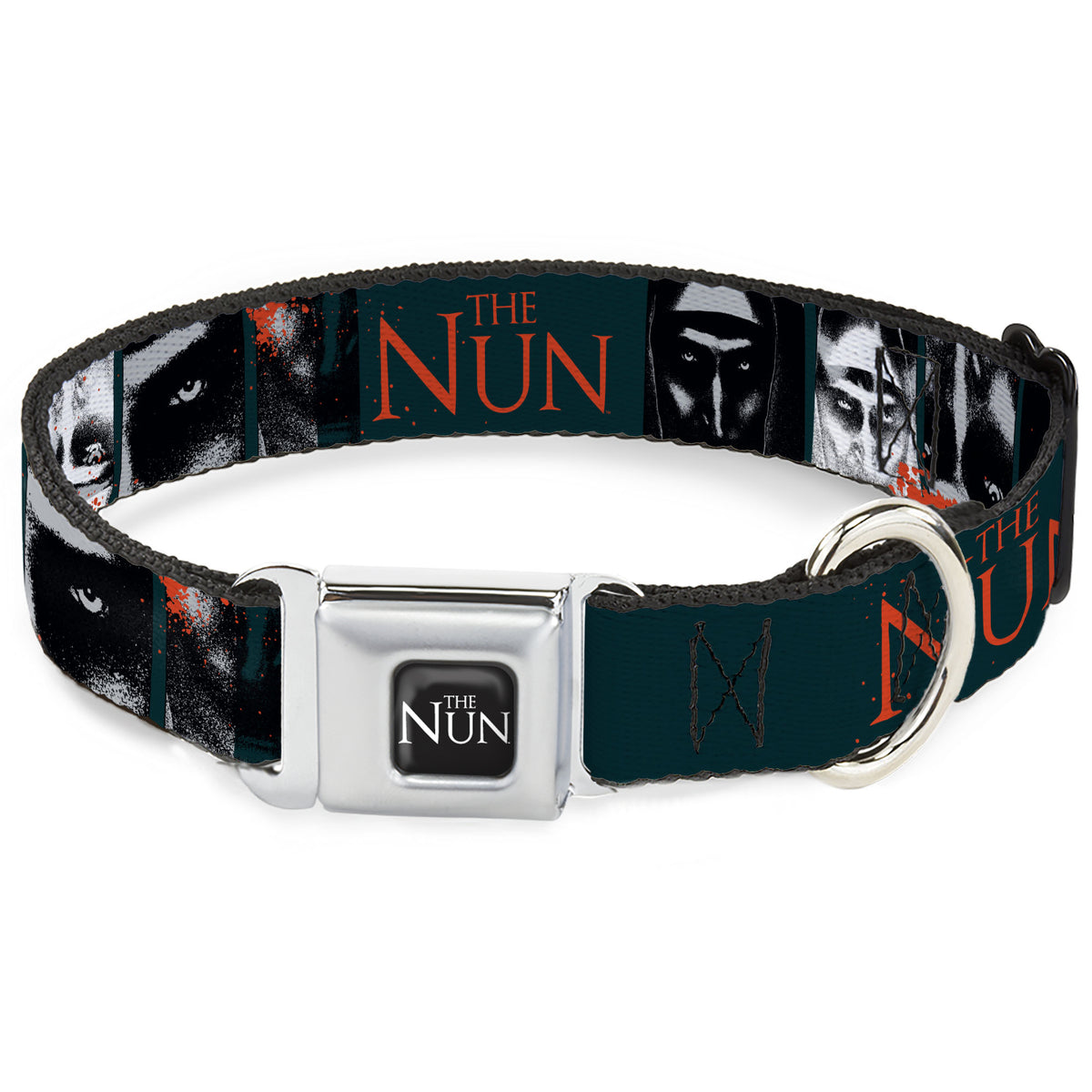 THE NUN Title Logo Full Color Black/White Seatbelt Buckle Collar - THE NUN Demon Nun Valak Pose Blocks and Title Logo Blue/Red/White Dog Collars Seatbelt Buckle The Nun