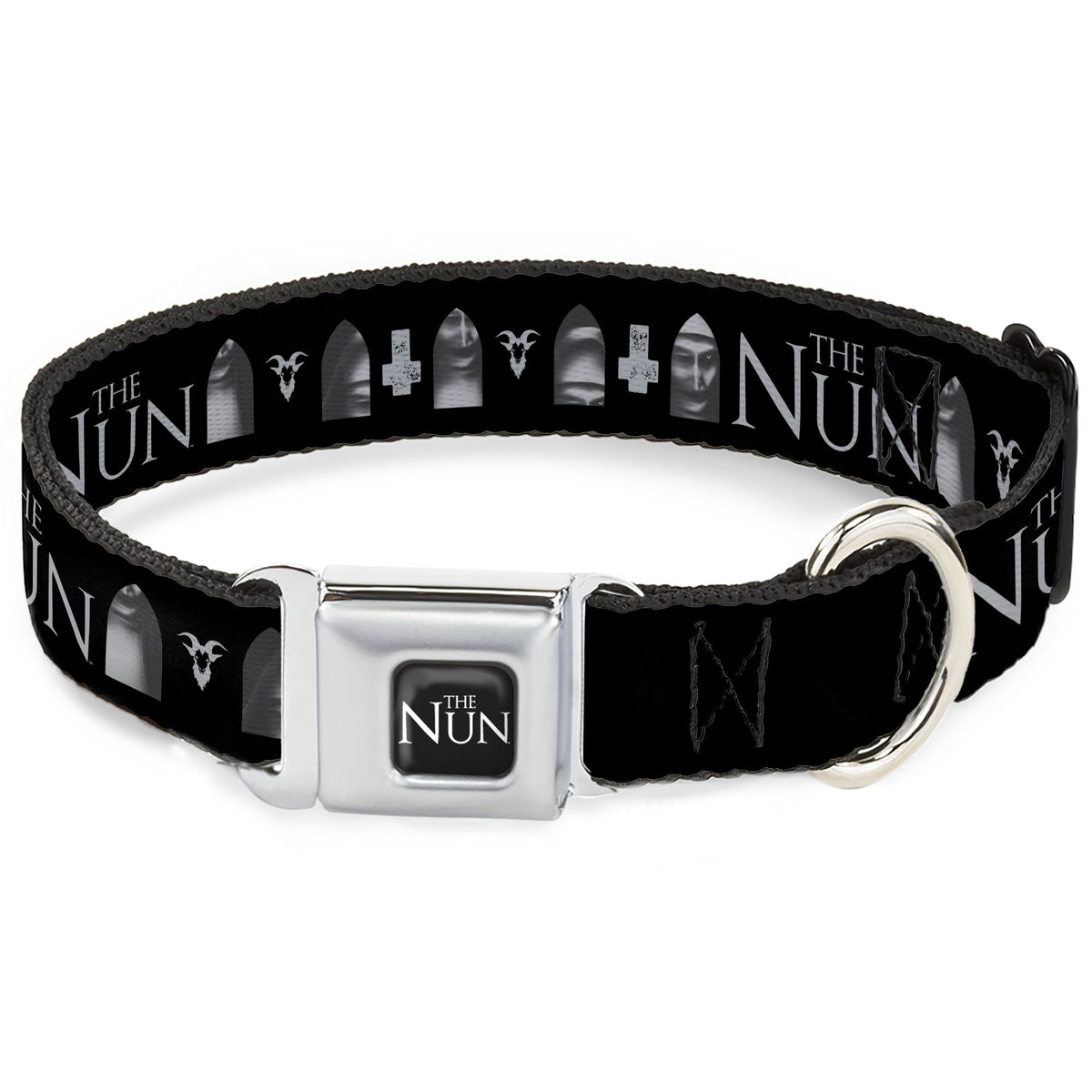 THE NUN Title Logo Full Color Black/White Seatbelt Buckle Collar - THE NUN Demon Nun Valak Face with Icons and Title Logo Black/Grays Dog Collars Seatbelt Buckle The Nun