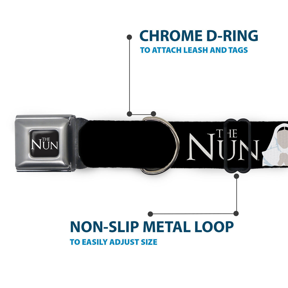 THE NUN Title Logo Full Color Black/White Seatbelt Buckle Collar - THE NUN Sister Irene and Demon Nun Valak Icons with Title Logo Black/White Dog Collars Seatbelt Buckle The Nun