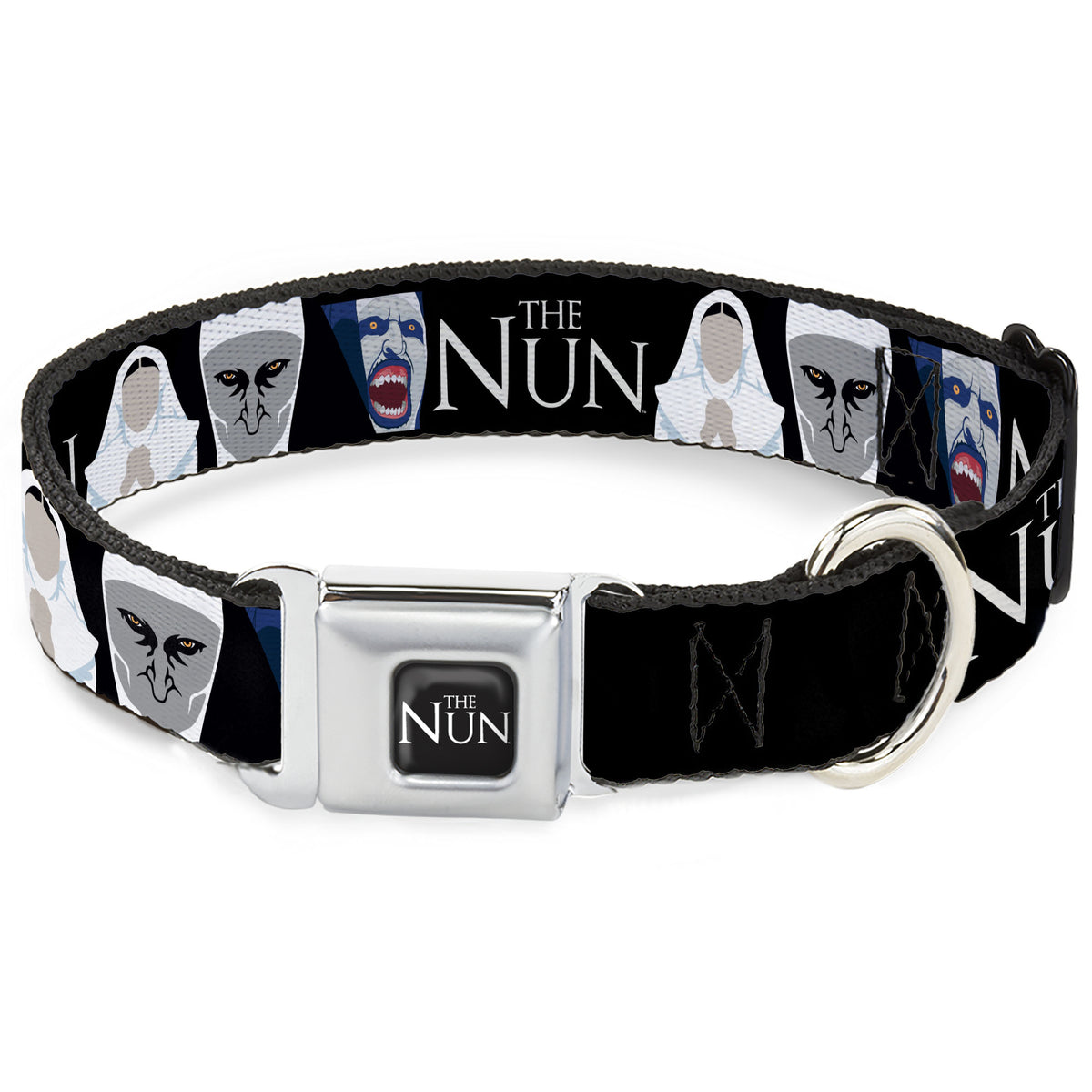 THE NUN Title Logo Full Color Black/White Seatbelt Buckle Collar - THE NUN Sister Irene and Demon Nun Valak Icons with Title Logo Black/White Dog Collars Seatbelt Buckle The Nun