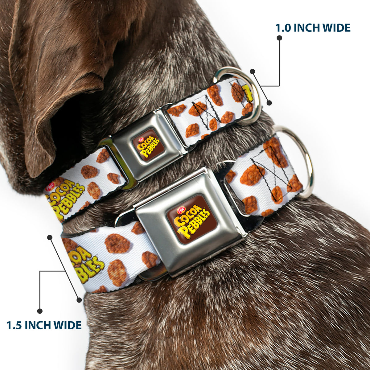 POST COCOA PEBBLES Logo Full Color Brown/Yellows Seatbelt Buckle Collar - POST COCOA PEBBLES Logo and Cereal Pebbles Scattered White/Browns Dog Collars Seatbelt Buckle The Flintstones
