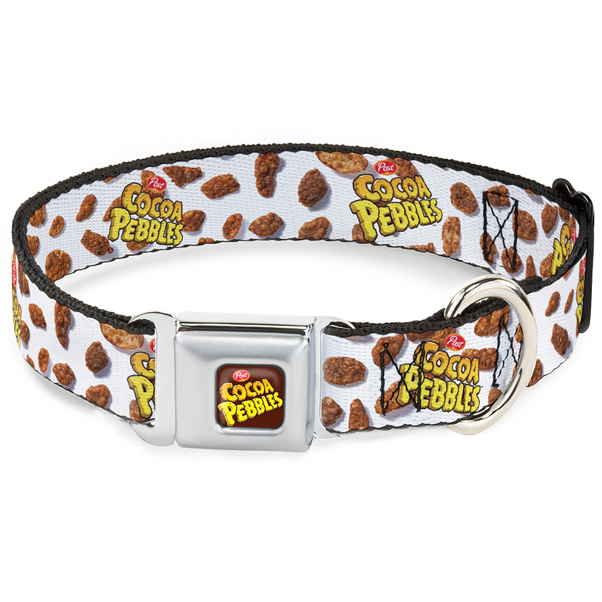 POST COCOA PEBBLES Logo Full Color Brown/Yellows Seatbelt Buckle Collar - POST COCOA PEBBLES Logo and Cereal Pebbles Scattered White/Browns Dog Collars Seatbelt Buckle The Flintstones