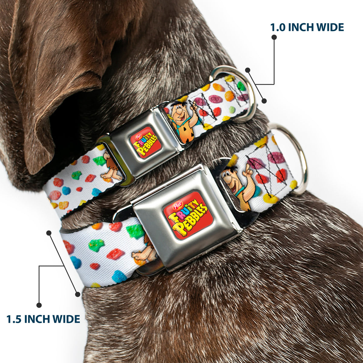 POST FRUITY PEBBLES Logo Full Color Red/Multi Color Seatbelt Buckle Collar - Fruity Pebbles Fred Flintstone and Barney Rubble Hugging Pose and Cereal Pebbles Scattered White/Multi Color Dog Collars Seatbelt Buckle The Flintstones