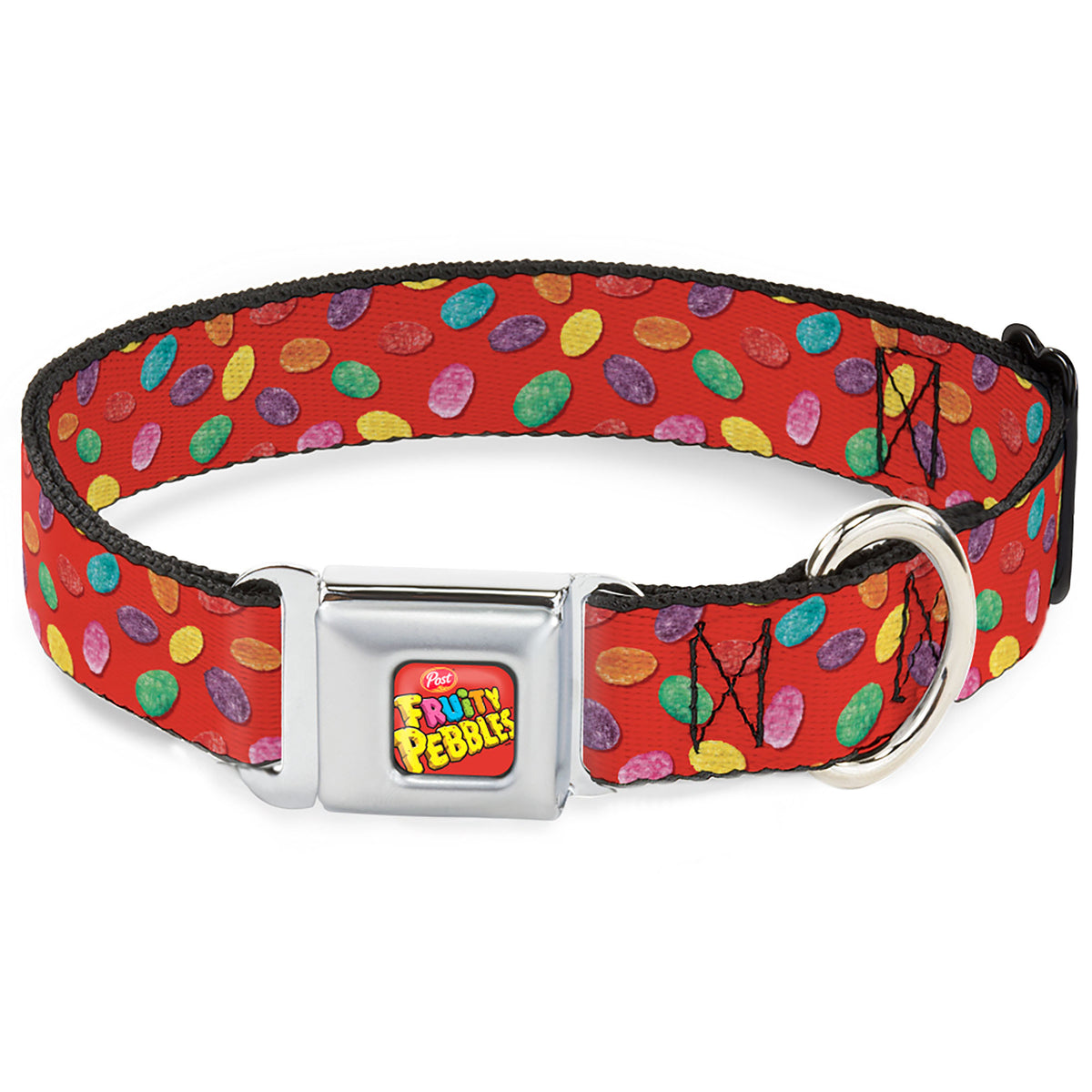 POST FRUITY PEBBLES Logo Full Color Red/Multi Color Seatbelt Buckle Collar - Fruity Pebbles Cereal Pebbles Scattered Red/Multi Color Dog Collars Seatbelt Buckle The Flintstones